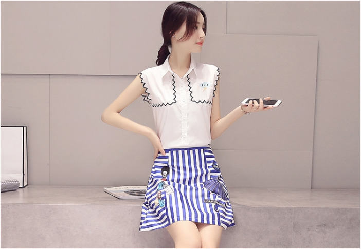 ชุดเสื้อกระโปรงโทนสีฟ้า ขาว สวยๆ น่ารัก สดใส สไตล์สาวเกาหลี