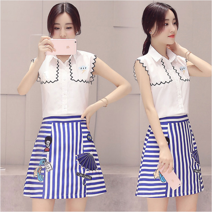 ชุดเสื้อกระโปรงโทนสีฟ้า ขาว สวยๆ น่ารัก สดใส สไตล์สาวเกาหลี