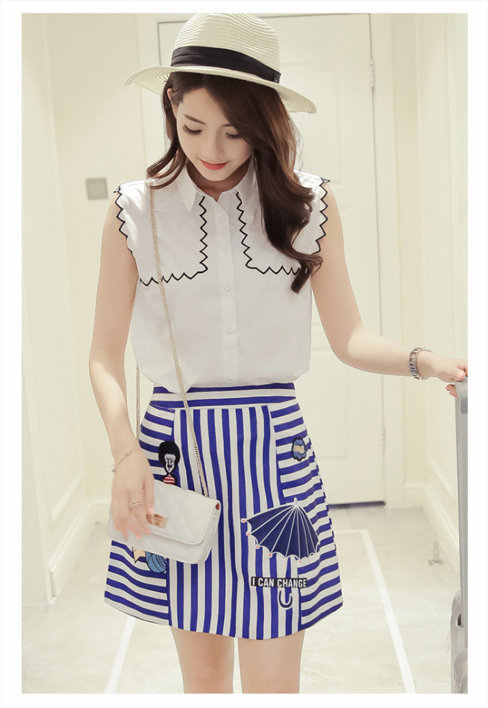 ชุดเสื้อกระโปรงโทนสีฟ้า ขาว สวยๆ น่ารัก สดใส สไตล์สาวเกาหลี