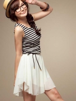 DRESS ชุดเดรสแฟชั่นแขนกุด คอกลม ผ้าคอตตอน-ชีฟอง ลายขวางสีดำ ขาว จั๊มเอว ใส่ทำงาน ใส่เที่ยว น่ารัก ASIA STREET FASHION