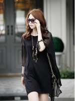 DRESS ชุดเดรสแฟชั่นเกาหลี ผ้า COTTON ตัดต่อผ้าชีฟอง สีดำ ใส่ออกงานได้ ASIA STREET FASHION