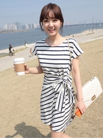 DRESS ชุดเดรสแฟชั่นเกาหลี แขนสั้น ผ้าคอตตอน ลายทาง ขาว ดำ คอกลม ใส่ทำงาน เที่ยว ASIA STREET FASHION