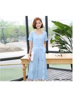 ชุดเดรสกางเกงสีฟ้า (จั๊มสูท) แขนสั้น ขาทรงกระบอก