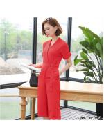 ชุดเดรสกางเกงสีแดง คอวี แขนสั้น ขาทรงกระบอก แฟชั่นเรียบๆ สวยดูดี