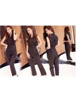 จั๊มสูทกางเกงขายาวสีดำ คอปก แขนกุด กางเกงขายาวทรงกระบอก แนวสวยเท่ เรียบ ดูดี มีสไตล์