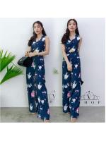 จั๊มสูทขายาวสีกรม ลายน่ารัก ดีไซน์เก๋ๆ เว้าท้อง ทรงใส่สบาย