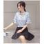 ชุดเซต 2 ชิ้น เสื้อชีฟองสีฟ้าลายน่ารักๆ + กระโปรงสั้นสีดำ แนวเกาหลีสวย น่ารัก