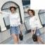 เสื้อลูกไม้สีขาว แขนยาว ผูกโบว์น่ารักๆ แนวเรียบๆ สวย ดูดี mix&matchได้หลายสไตล์