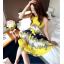 dress เดรสแฟชั่นเกาหลี แขนกุด ใส่ทำงาน ลายดอกไม้ สีเหลือง อัดพลีท วินเทจ ใส่ไปงานแต่งงาน สวย