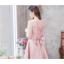 ชุดออกงาน/ชุดไปงานแต่งงานสีชมพูโรสโกลด์ แต่งโบว์ด้านหลัง แขนสีส่วน กระโปรงบาน แนวสวยหวาน เรียบหรู ดูดี