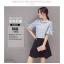 ชุดเซต 2 ชิ้น เสื้อชีฟองสีฟ้าลายน่ารักๆ + กระโปรงสั้นสีดำ แนวเกาหลีสวย น่ารัก