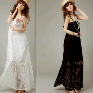 maxi dress - ชุดเดรสยาวผ้าลูกไม้ แฟชั่น สายเดี่ยว จับสม๊อกช่วงหน้าอก สีดำ น่ารักมาก ใส่ออกงานสวยมากๆ ค่ะ Asia Street Fashion