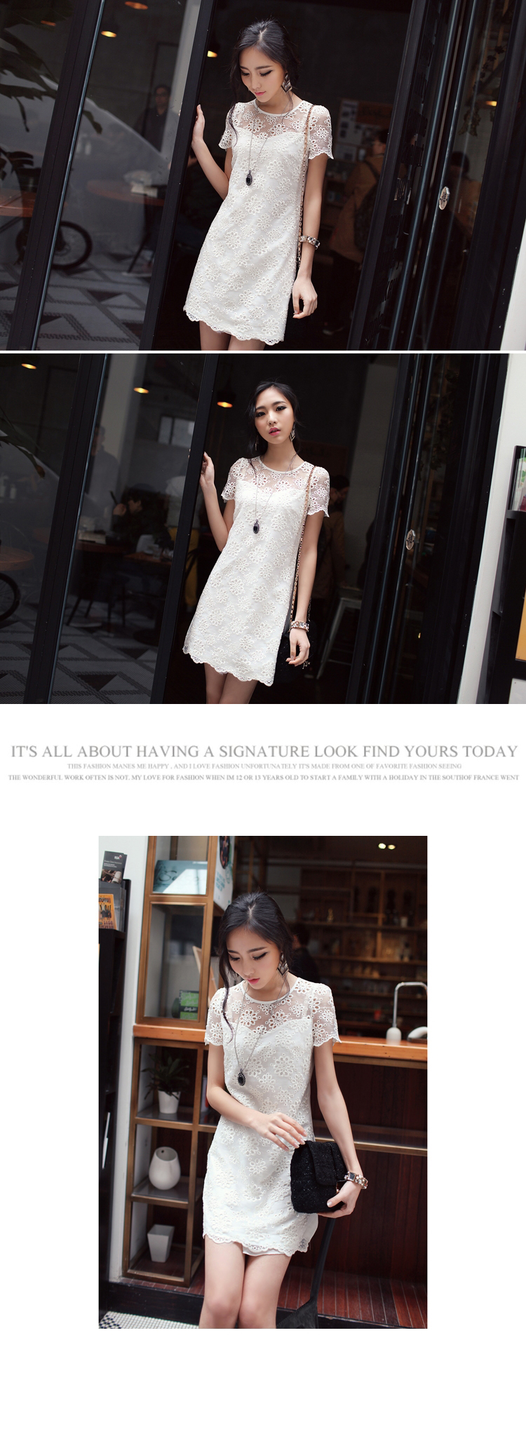 DRESS ชุดเดรสแฟชั่นผ้าลูกไม้ ใส่ออกงาน งานแต่งงาน แขนสั้น คอกลม สีขาวครีม น่ารัก ใส่ทำงาน สวยๆ ASIA STREET FASHION
