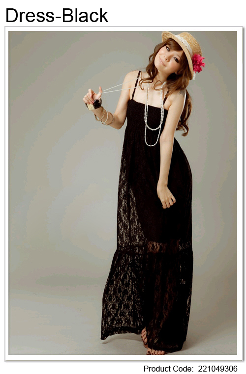 maxi dress - ชุดเดรสยาวผ้าลูกไม้ แฟชั่น สายเดี่ยว จับสม๊อกช่วงหน้าอก สีดำ น่ารักมาก ใส่ออกงานสวยมากๆ ค่ะ Asia Street Fashion