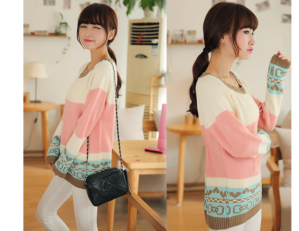 fashion เสื้อกันหนาว สเวตเตอร์ แขนยาว ไหมพรม คอกลม สีเบจ ชมพู ฟ้า น่ารักๆ ใส่เที่ยว ทำงาน