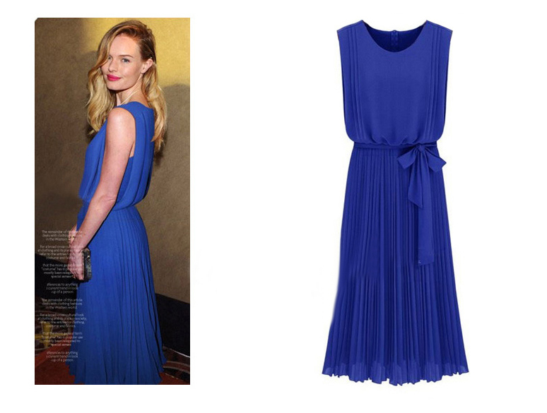 MAXI DRESS - ชุดเดรสยาวแขนกุด สีน้ำเงิน ผ้าชีฟอง ใส่ทำงาน กระโปรงอัดพลีท ใส่ออกงาน ASIA STREET FASHION