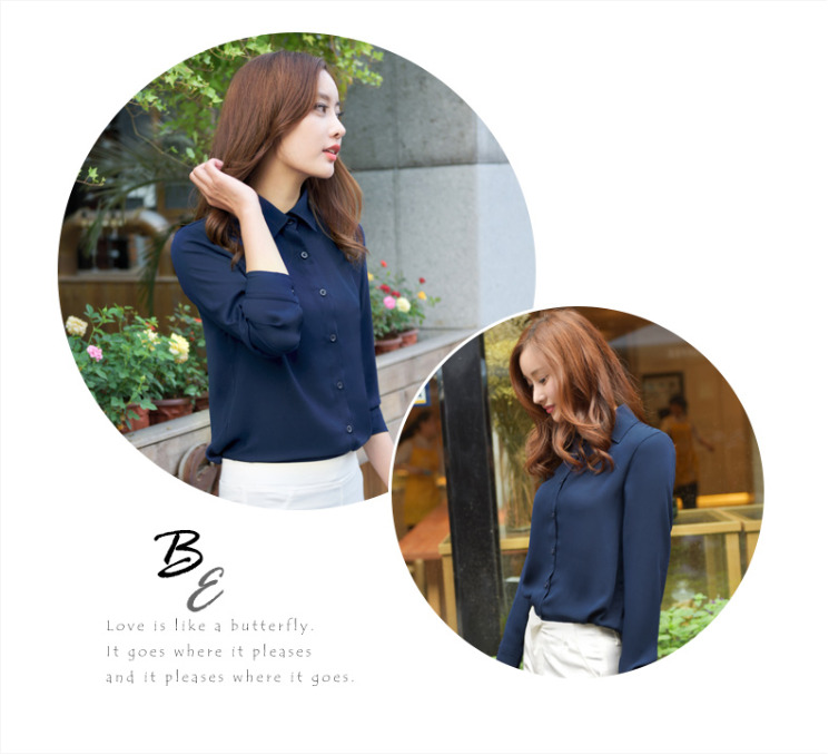เสื้อเชิ้ตทำงานผู้หญิงสีกรมท่า ผ้าชีฟอง สีพื้น คอปก แขนยาว
