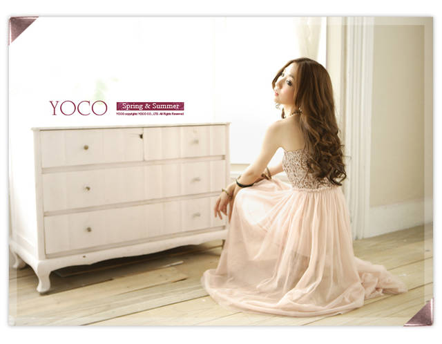 maxi dress ชุดเดรสยาวใส่ไปงานแต่งงาน เกาะอก สีชมพูโทนน้ำตาล กระโปรงตัดต่อผ้ามุ้ง ใส่ออกงาน น่ารักๆ สวยๆ Asia Street Fashion