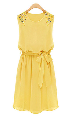 Cyber Summer Bead Chiffon Dresses For Women Sleeveless Pleated Mini Women is Fashion Dresses With Bow Belt (Yellow)