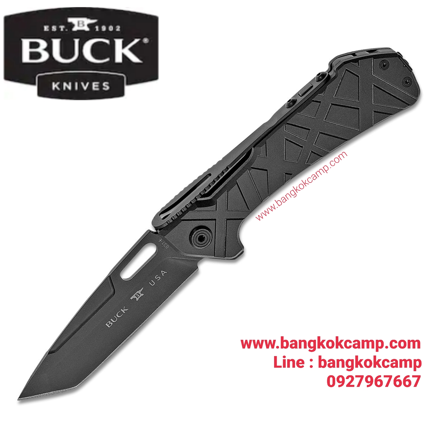 มีดพับ Buck 831BKS1 Marksman Flipper 3.5" Black Cerakote Tanto Blade, Black Aluminum Handles - 12343