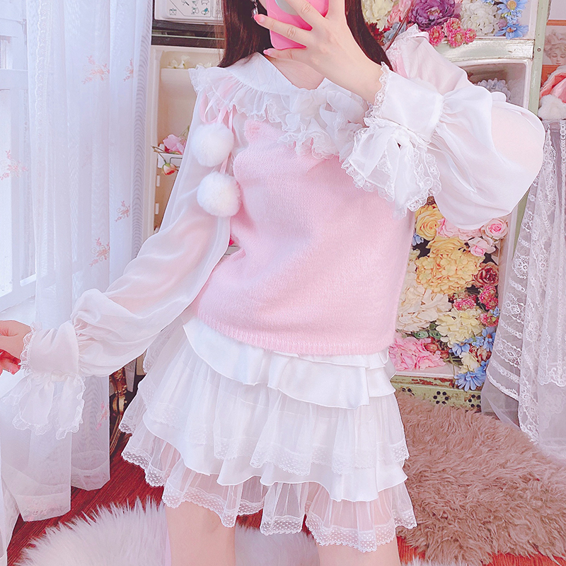 Summer Joy : พรีออเดอร์ ชุดแฟชั่นสไตล์ญ๊่ปุ่นน่ารักๆ (ราคาแยกชิ้น) เสื้อเชิ้ตแขนยาวแบบโปรงบาง และ เสื้อกั๊กสเวตเตอร์แต่งสายปอมๆ สีชมพู และ กระโปรงระบายสีขาว