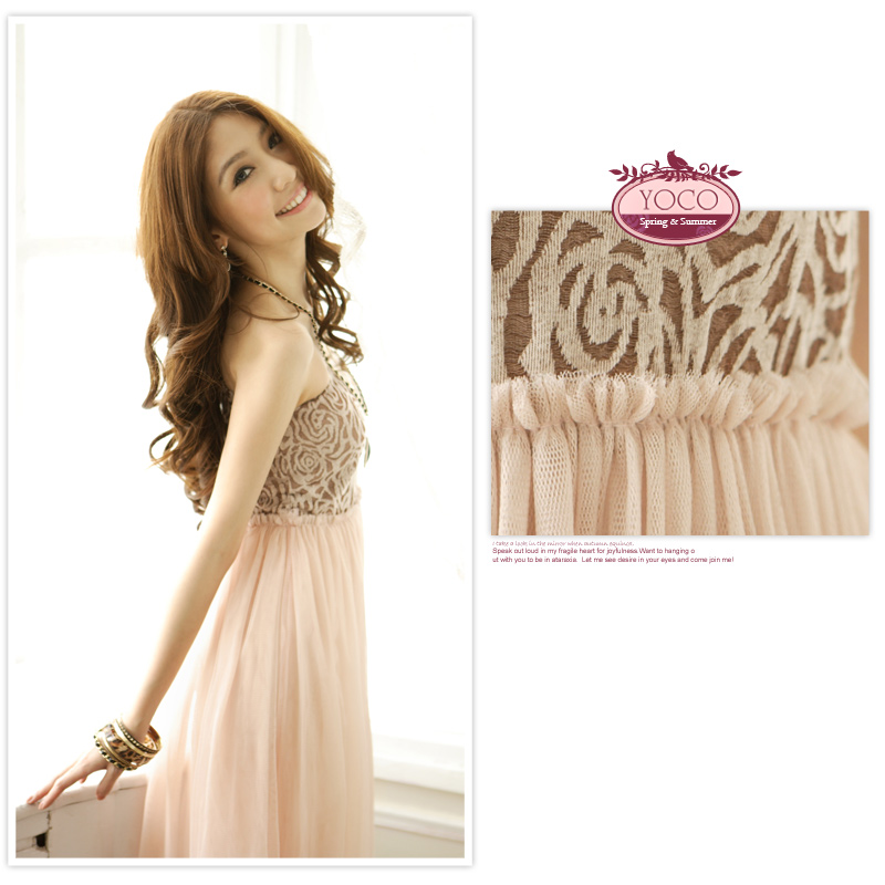 maxi dress ชุดเดรสยาวใส่ไปงานแต่งงาน เกาะอก สีชมพูโทนน้ำตาล กระโปรงตัดต่อผ้ามุ้ง ใส่ออกงาน น่ารักๆ สวยๆ Asia Street Fashion