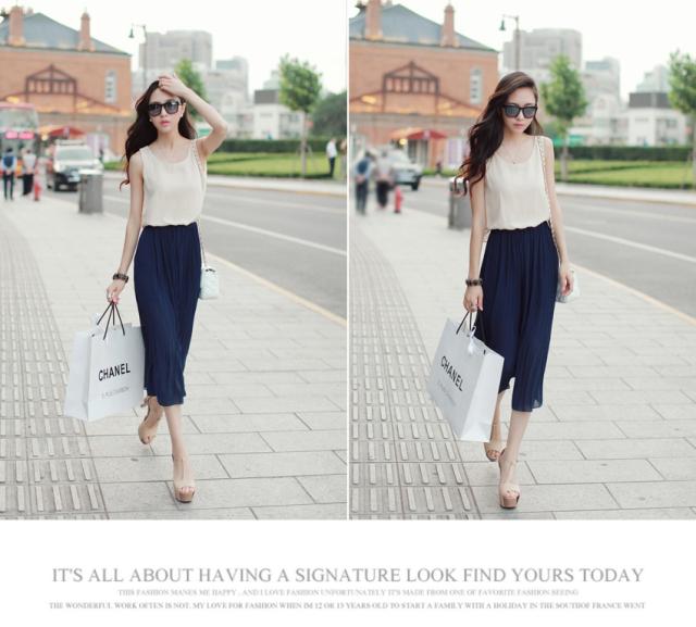 maxi dress - เดรสยาวผ้าชีฟอง แขนกุด สีน้ำเงิน สีเบจ กระโปรงอัดพลีท จั๊มเอว น่ารัก ใส่เที่ยว ทำงาน Asia Street Fashion