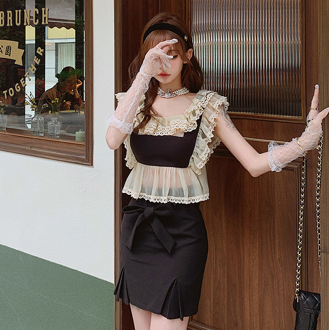 Girly Fancy Club : พรีออเดอร์ กระโปรงแฟชั่นมีสายผูกโบว์ด้านหน้าตามแบบ มีให้เลือก 2สี แบรนด์แท้