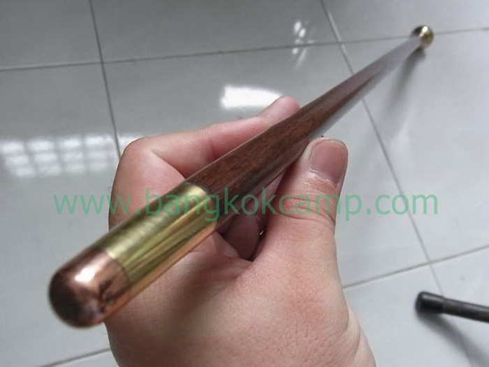 ไม้ตะพด (แบบที่ 16) ไม้ชิงชัน 3กษัตริย์ หัวทองเหลือง ประดับเหรียญ ร.5 ปลายทองแดง