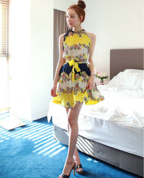 dress เดรสแฟชั่นเกาหลี แขนกุด ใส่ทำงาน ลายดอกไม้ สีเหลือง อัดพลีท วินเทจ ใส่ไปงานแต่งงาน สวย