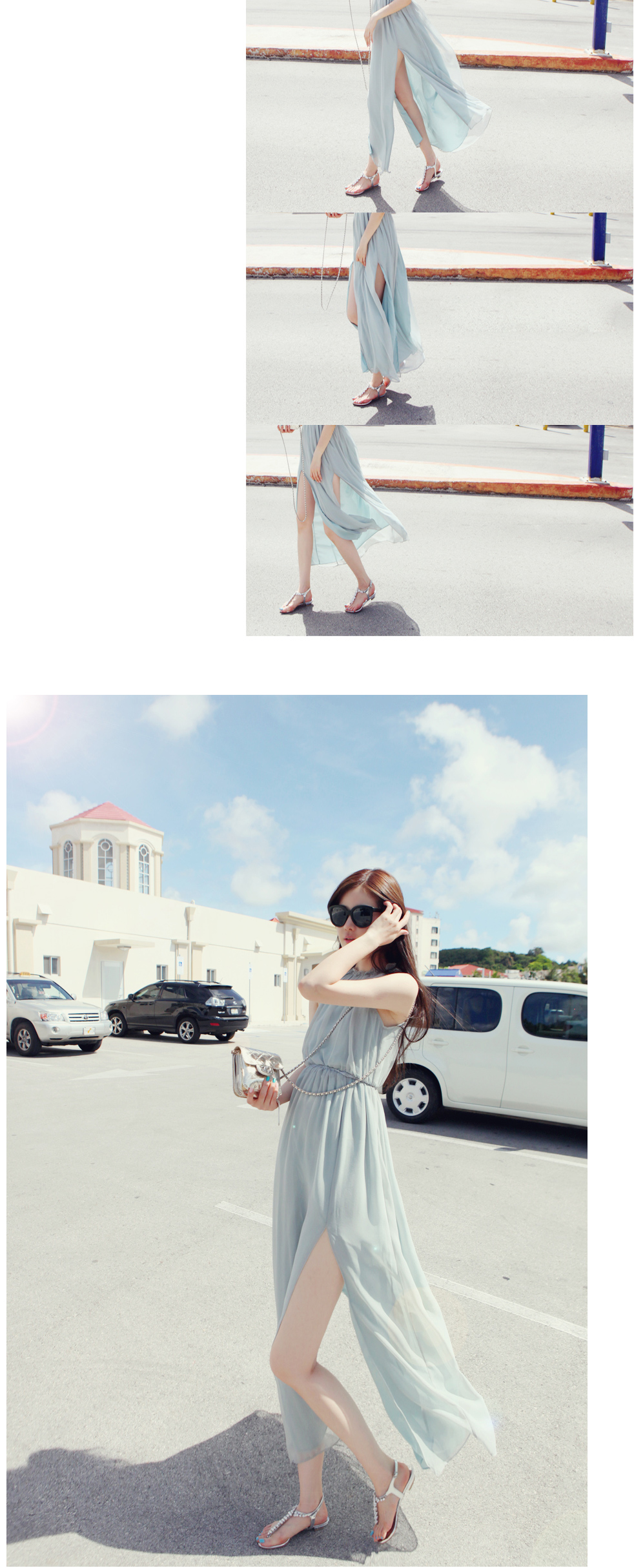 maxi dress - ชุดเดรสยาวผ้าชีฟอง ใสเที่ยว ใส่ทำงาน แขนกุด เปิดหลัง สีเขียว น่ารัก ใส่ออกงานได้ Asia Street Fashion