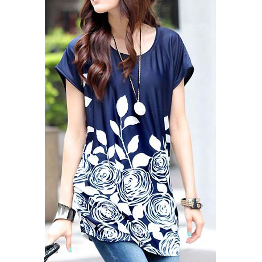 Ice Silk Loose Flower Print Mini Women - Dresses (Blue)