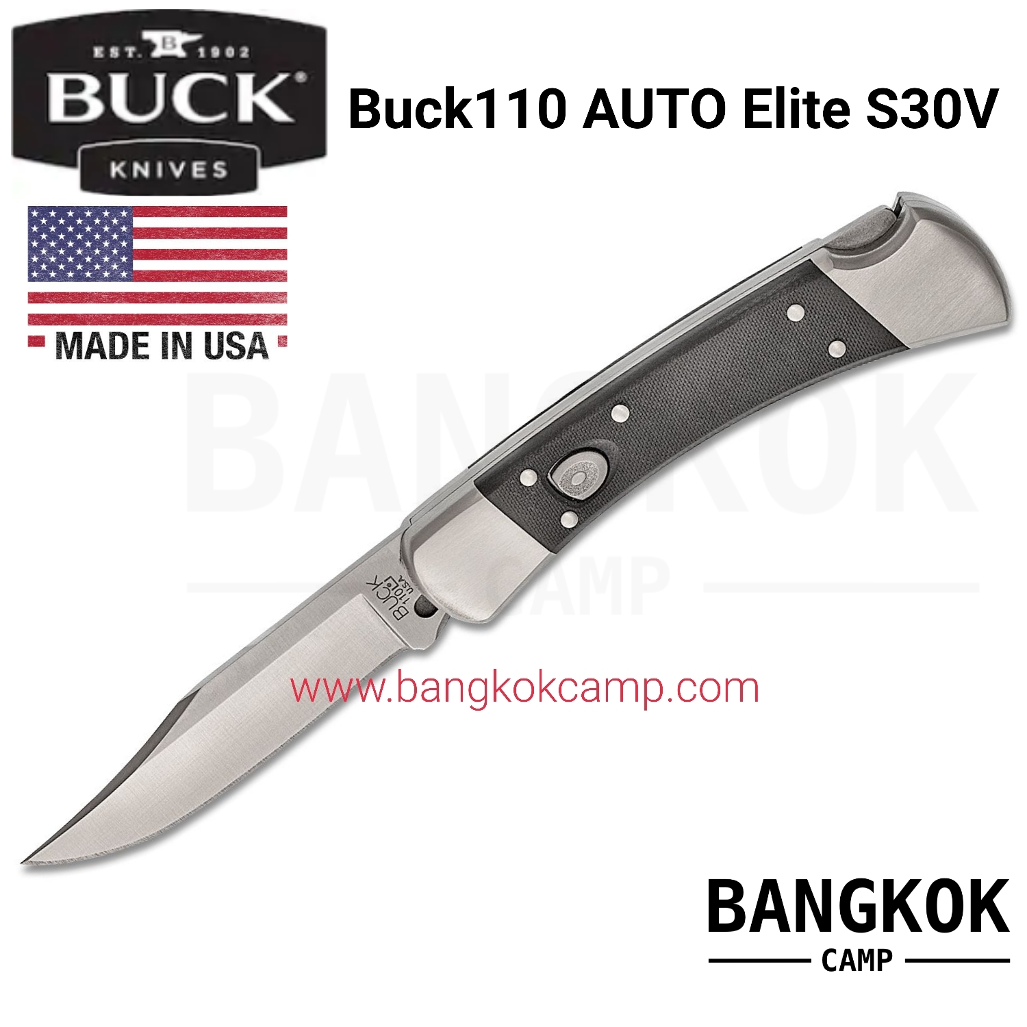 มีดพับ Buck110 AUTO Elite Folding Hunter 3.75" S30V Plain Blade, Black G10 Handles, Black Leather Sheath - 11667