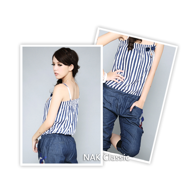 jumpsuit ชุดเอี๊ยมกางเกงขาสั้น สีน้ำเงิน ลายเส้นขาว สายเดี่ยว กระเป๋าข้าง ใส่เที่ยวชิวๆ น่ารัก