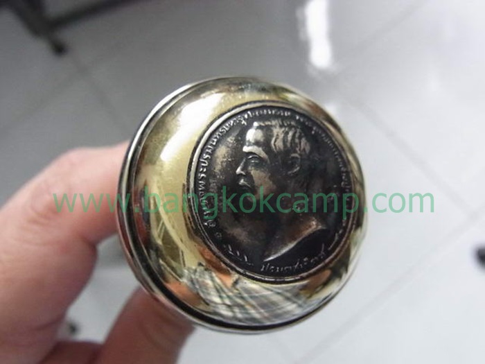 ไม้ตะพด (แบบที่ 16) ไม้ชิงชัน 3กษัตริย์ หัวทองเหลือง ประดับเหรียญ ร.5 ปลายทองแดง