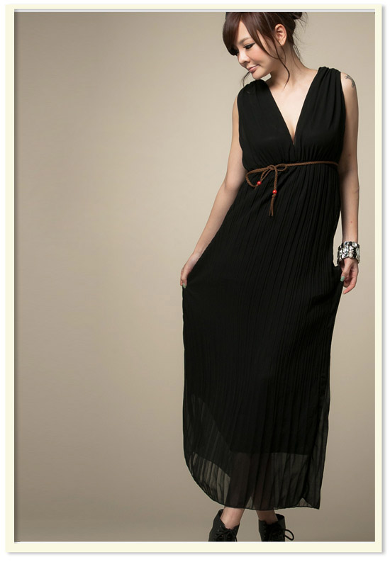 MAXI DRESS ชุดเดรสยาวแขนกุด ใส่เที่ยว ทำงาน กระโปรงอัดพลีท ผ้าชีฟอง สีดำ สวยๆ ใส่ออกงานได้ ASIA STREET FASHION