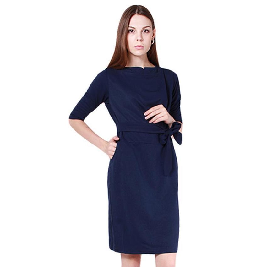 LALANG Women Half Sleeve Women is Fashion Dresses O-Neck Slim Casual Dark Blue