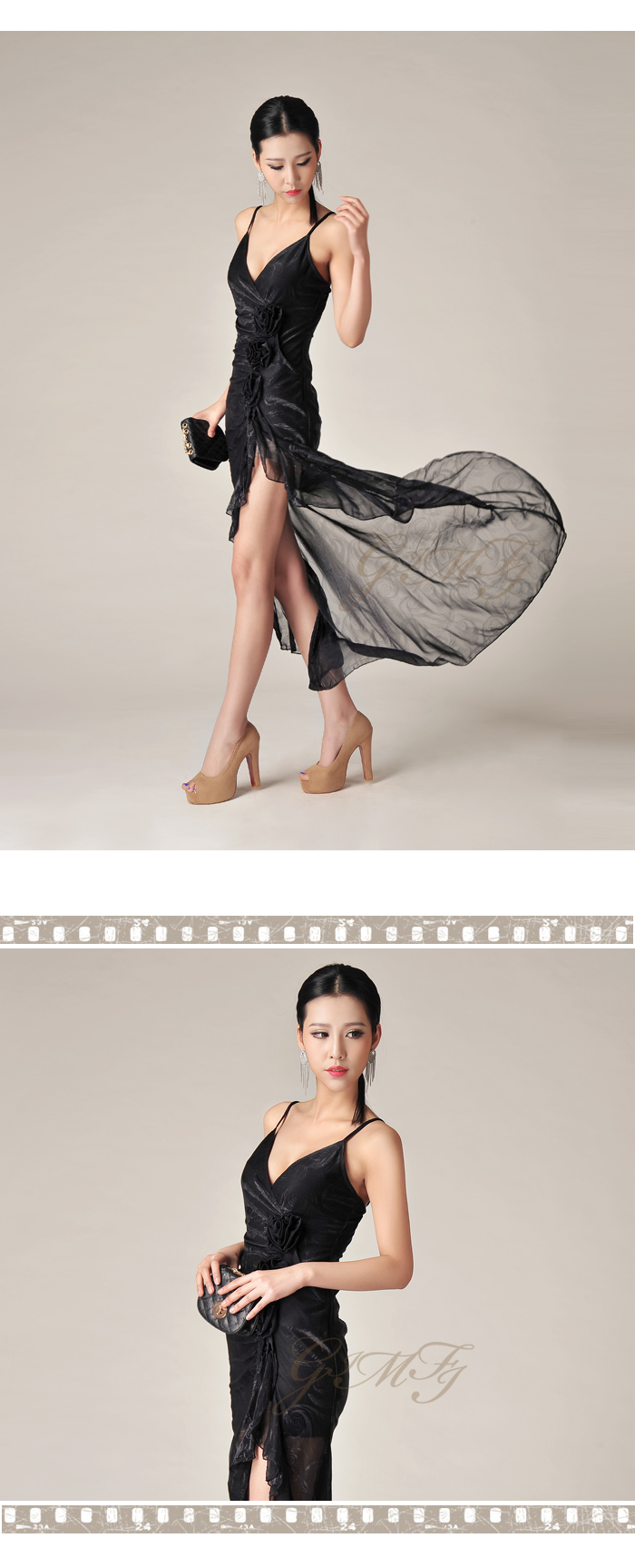 MAXI DRESS ชุดเดรสยาวแฟชั่นสายเดี่ยว SEXY สีดำ ผ้าตาข่าย แต่งดอกไม้ สวยมาก ใส่ออกงานกลางคืนได้ ASIA STREET FASHION