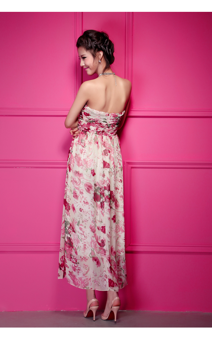maxi dress ชุดเดรสยาวเกาะอก งานแต่งงาน ผ้าชีฟอง พื้นสีเบจลายดอกไม้สีชมพูเขียว ใส่ออกงาน น่ารัก สวยๆ Asia Street Fashion