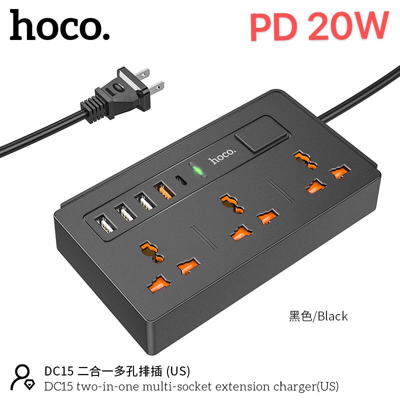 Hoco DC15 2in1 Multi-Socket Charger QC 3.0 PD 20W - รางปลั๊กไฟ ปลั๊กพ่วง 3 ช่อง และ USB 4 ช่อง PD 1 มีเทคโนโลยีชาร์จเร็วทั้ง PD 20W และ Quick Charge 3.0