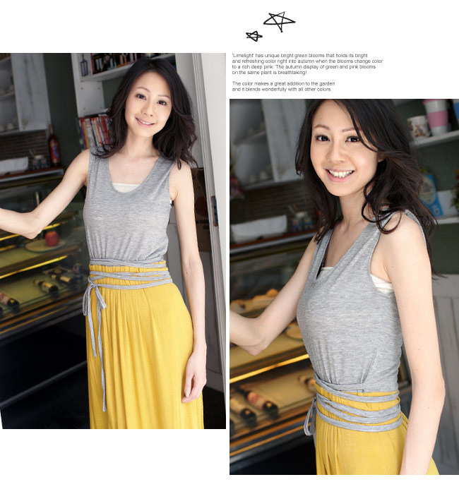 maxi dress ชุดเดรสยาวแฟชั่นแขนกุด ใส่เที่ยว ใส่ทำงาน ผ้าคอตตอน มีสายผูกเย็บติดในตัว สีเทา เหลือง เท่ห์ๆ Asia Street Fashion