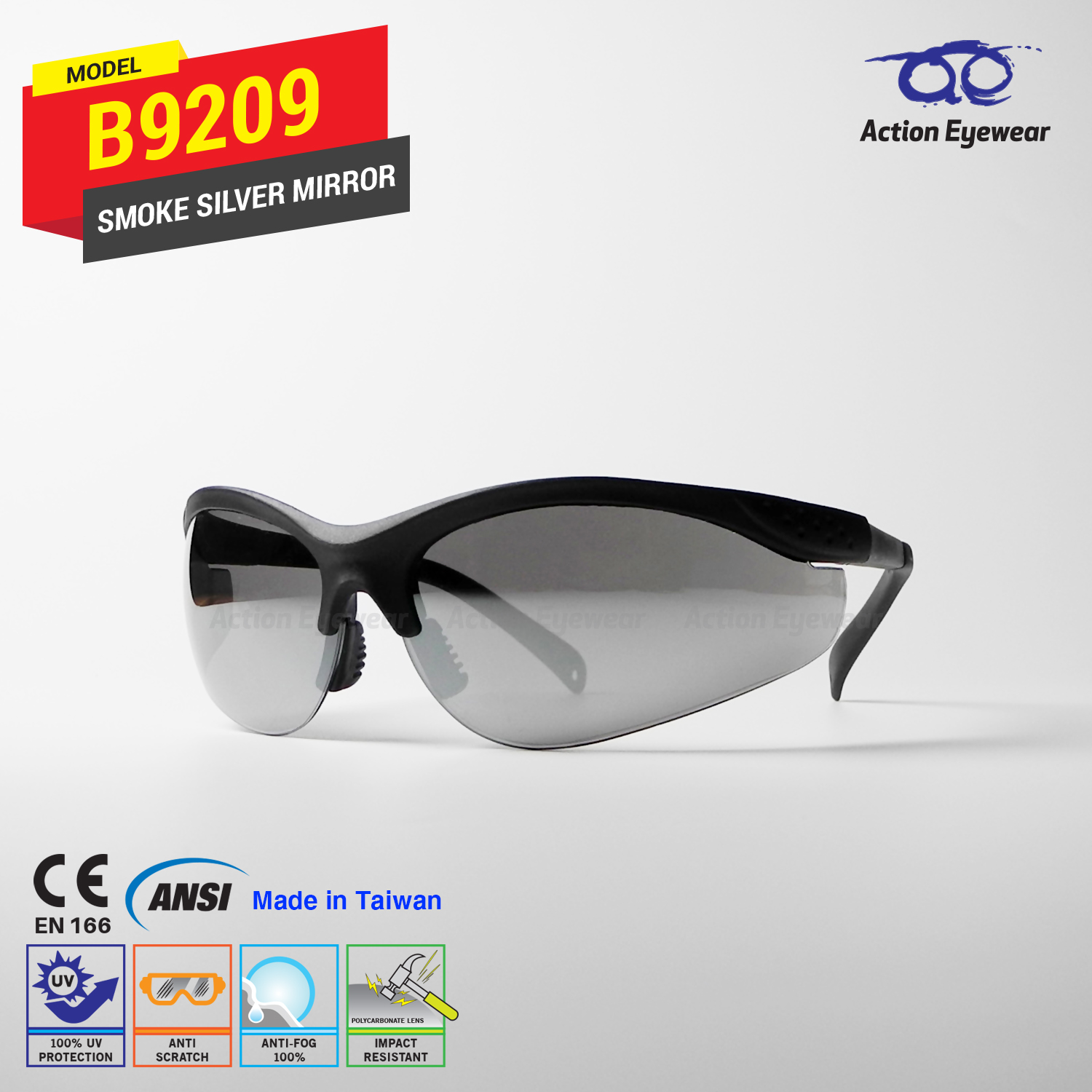 แว่นตานิรภัย รุ่น B9209 (กันฝ้า 100%) เลนส์ดำปรอท