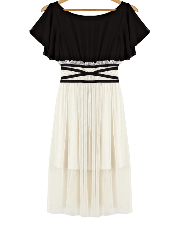 MAXI DRESS ชุดเดรสยาวแฟชั่นแขนสั้น ใส่ทำงาน เที่ยว ตัวเสื้อสีดำ กระโปรงสีขาวครีมผ้ามุ้ง ใส่ออกงาน สวยๆ ASIA STREET FASHION