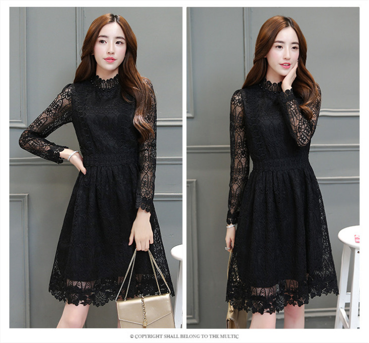 ชุดเดรสทำงานสีดำ ผ้าลูกไม้ แขนยาว กระโปรงทรงบาน