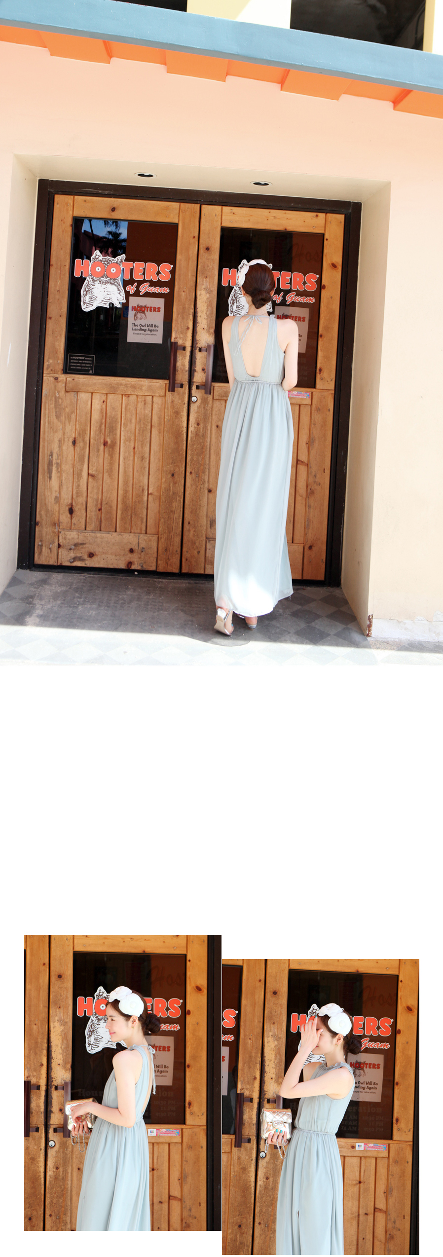 maxi dress - ชุดเดรสยาวผ้าชีฟอง ใสเที่ยว ใส่ทำงาน แขนกุด เปิดหลัง สีเขียว น่ารัก ใส่ออกงานได้ Asia Street Fashion