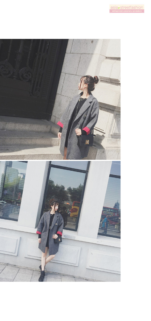 เสื้อโค้ททรงเก๋ ผ้าวูทรงแข็งเนื้อดี บุซับในกันลม แต่งพับแขนสีแดง ชายรุ่ย งานเก๋มาก พร้อมส่ง สีเทา