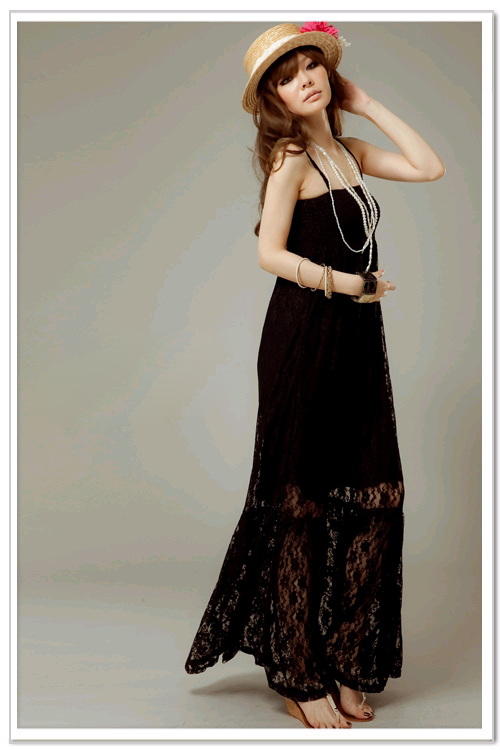 maxi dress - ชุดเดรสยาวผ้าลูกไม้ แฟชั่น สายเดี่ยว จับสม๊อกช่วงหน้าอก สีดำ น่ารักมาก ใส่ออกงานสวยมากๆ ค่ะ Asia Street Fashion