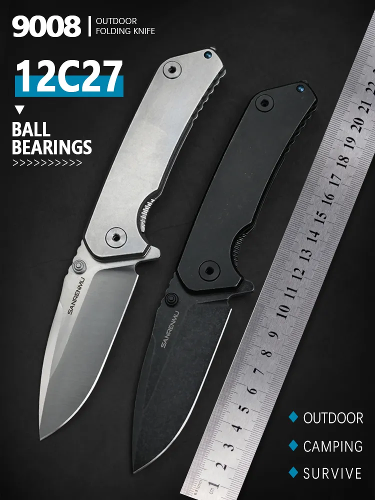 มีดพับ SANRENMU SRM 9008 ใบ12C27 Blade Ball Baring Survival EDC เครื่องมือกู้ภัย (9008 สีเงิน)