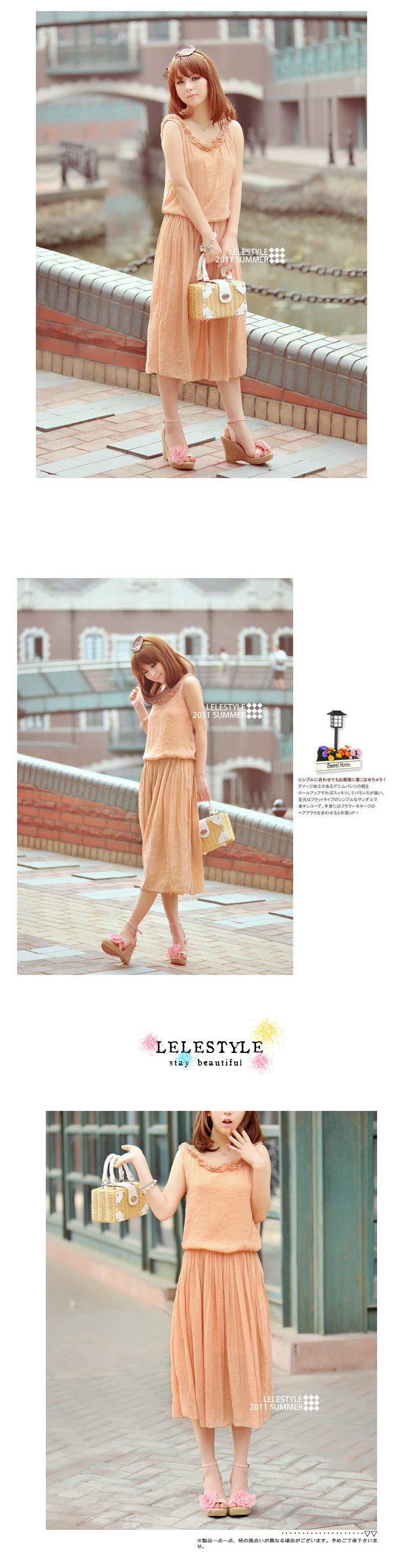 maxi dress ชุดเดรสยาว ใส่ทำงาน ใส่เที่ยว เสื้อกล้าม สี Apricot จั๊มเอว ใส่ไปทะเลชิวๆ น่ารักๆ Asia Street Fashion