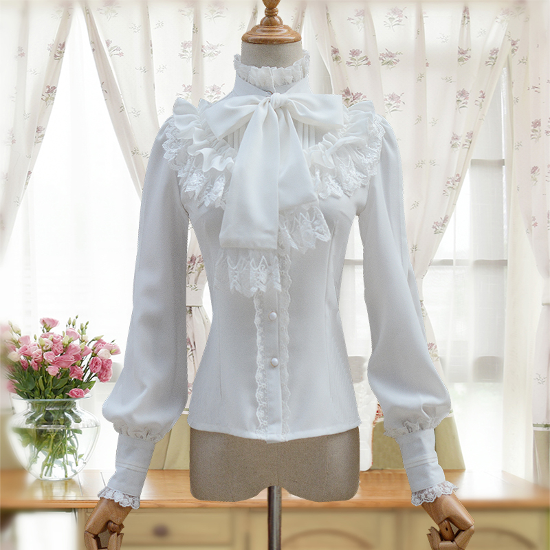 พรีออเดอร์ : เสื้อเชิ้ตโลลิต้าแขนยาว แต่งระบาย ติดกระดุมหน้า โบว์ผูกคอสามารถถอดออกได้ (มี 4 สีค่ะ)